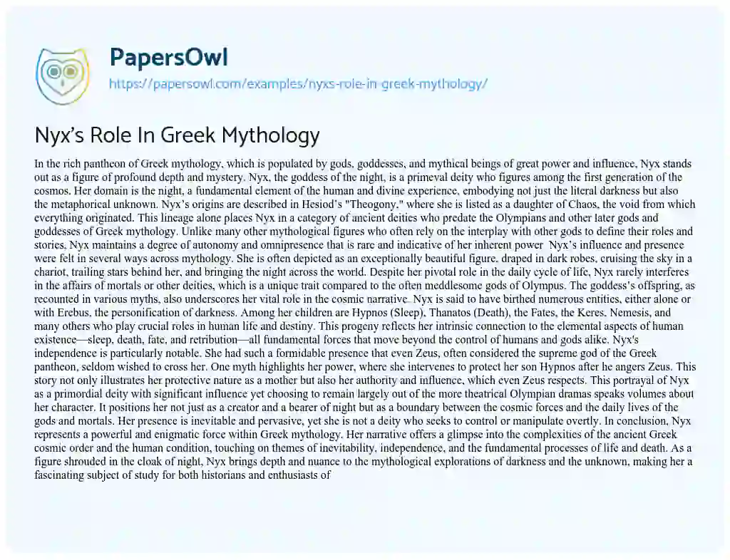 Essay on Nyx’s Role In Greek Mythology