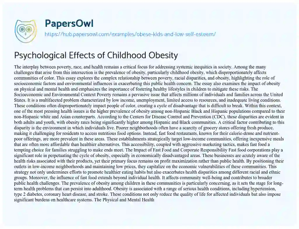 Essay on Psychological Effects of Childhood Obesity