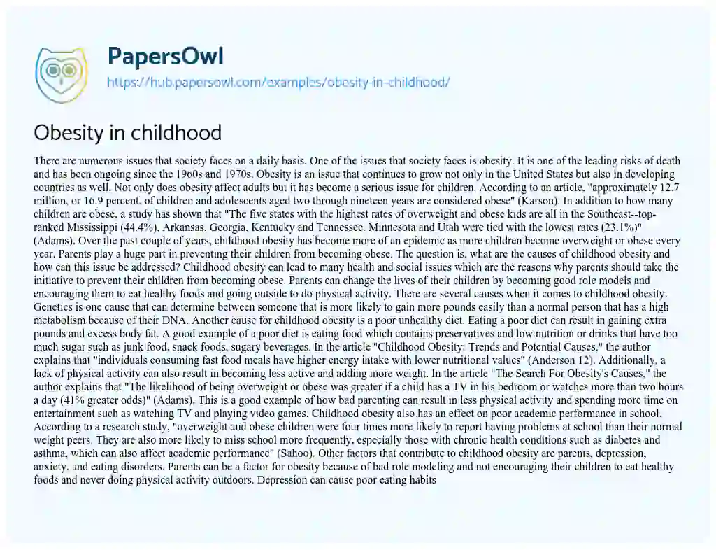 Essay on Obesity in childhood