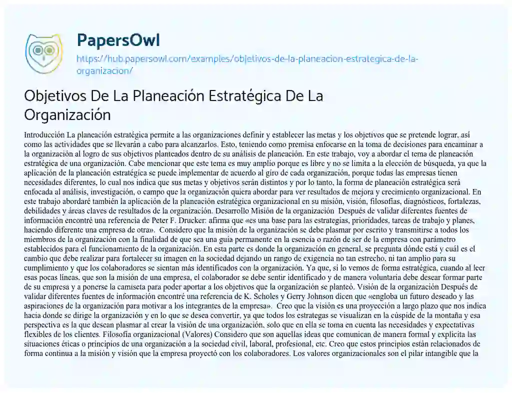 Essay on Objetivos De La Planeación Estratégica De La Organización