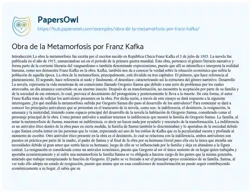 Essay on Obra de la Metamorfosis por Franz Kafka