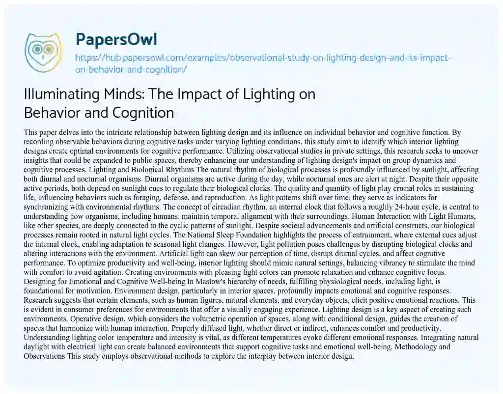 Essay on Illuminating Minds: The Impact of Lighting on Behavior and Cognition
