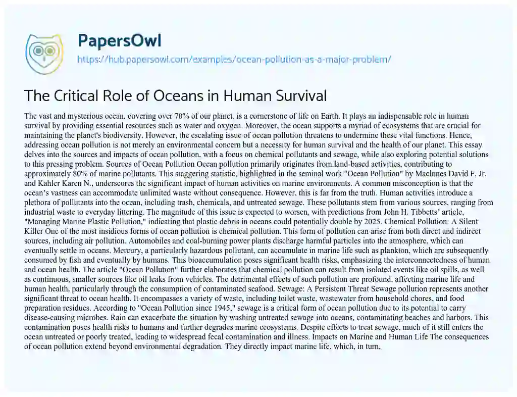 Essay on The Critical Role of Oceans in Human Survival