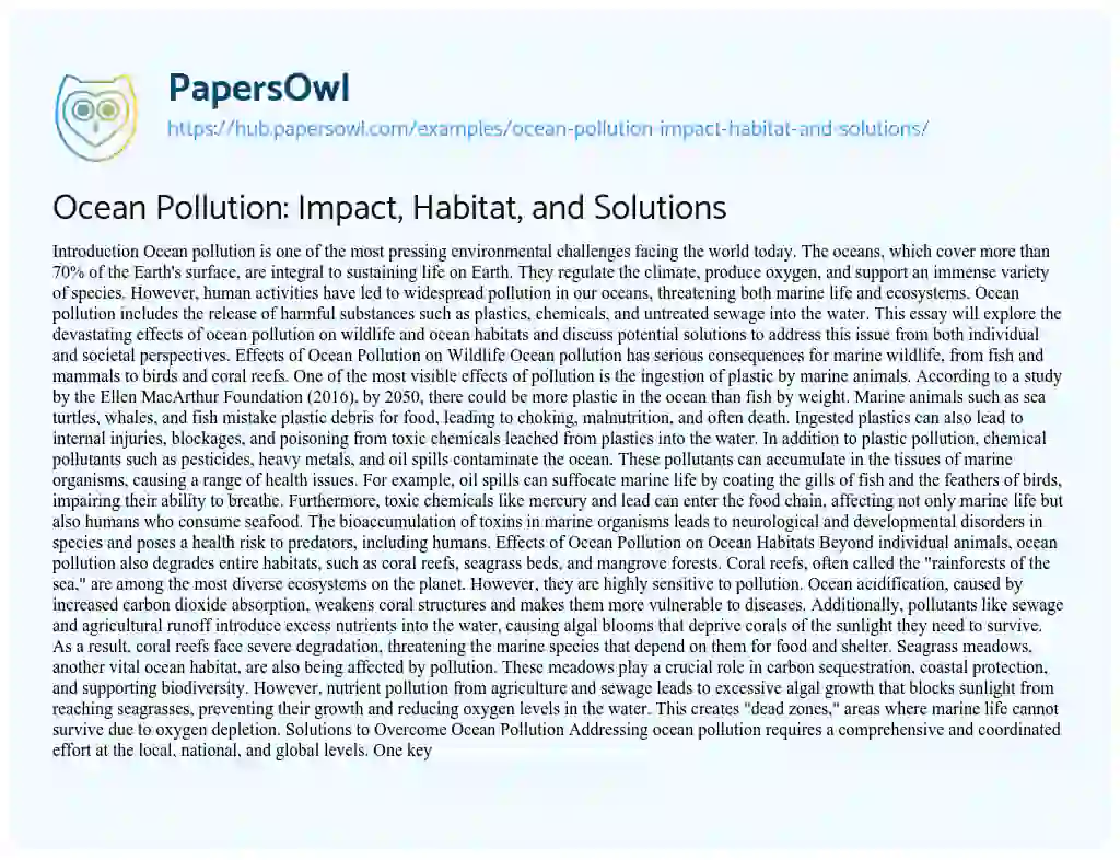 Essay on Ocean Pollution: Impact, Habitat, and Solutions