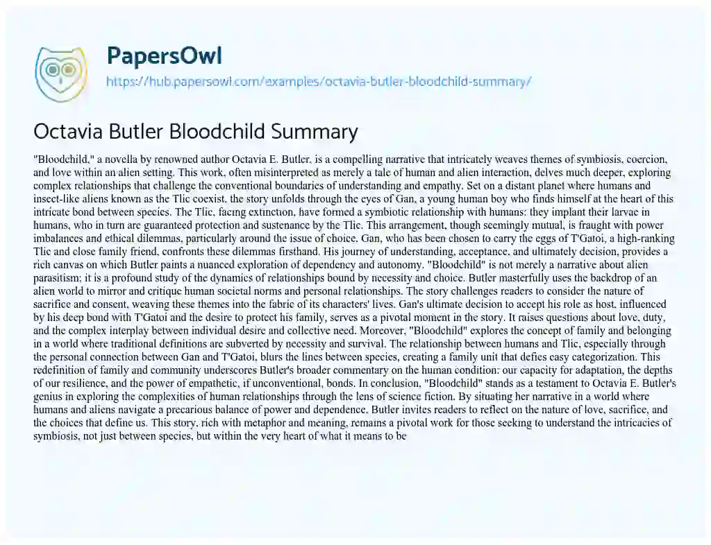 Essay on Octavia Butler Bloodchild Summary