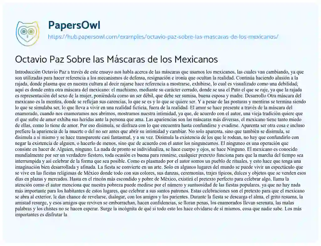 Essay on Octavio Paz Sobre las Máscaras de los Mexicanos