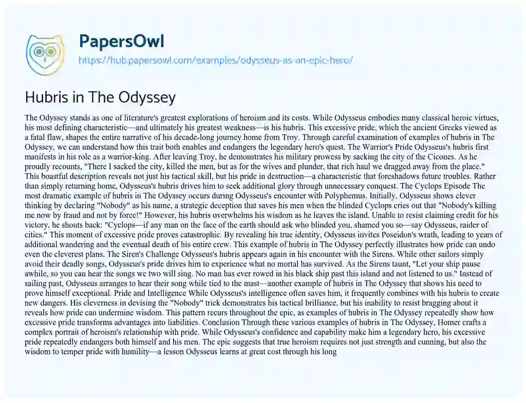 Essay on Hubris in The Odyssey