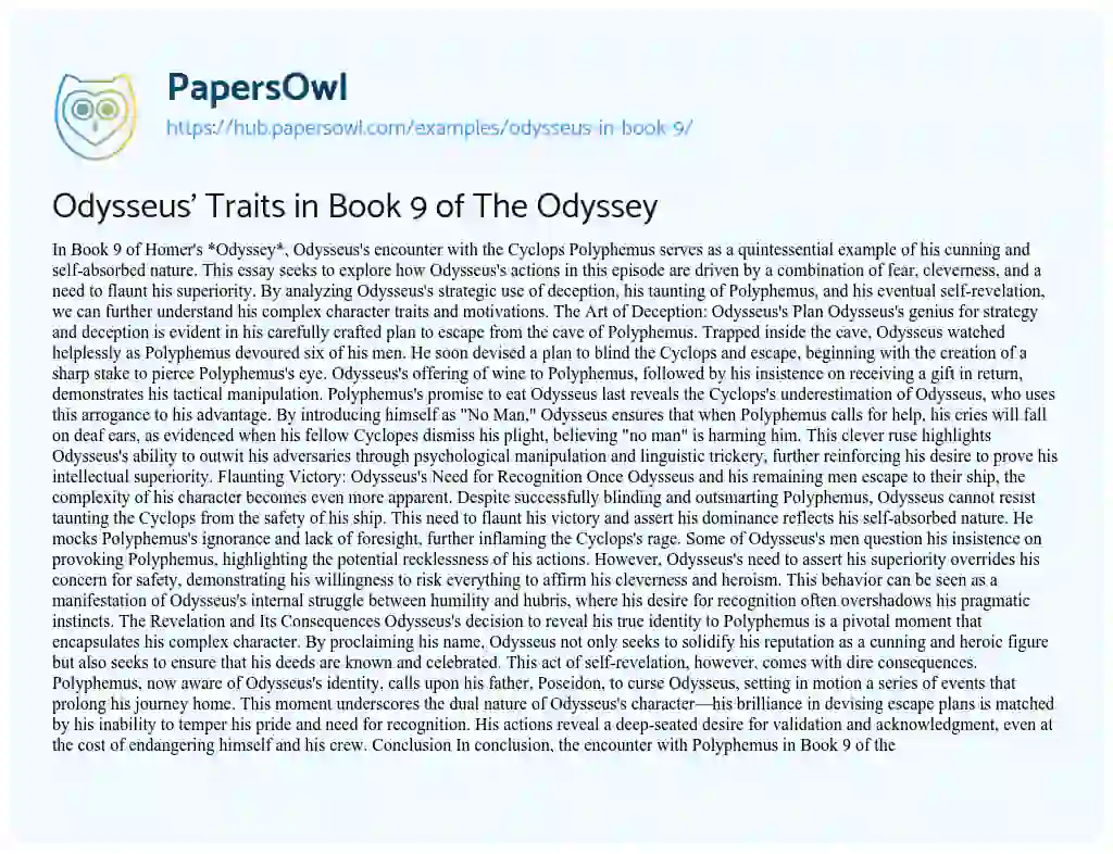 Essay on Odysseus’ Traits in Book 9 of The Odyssey