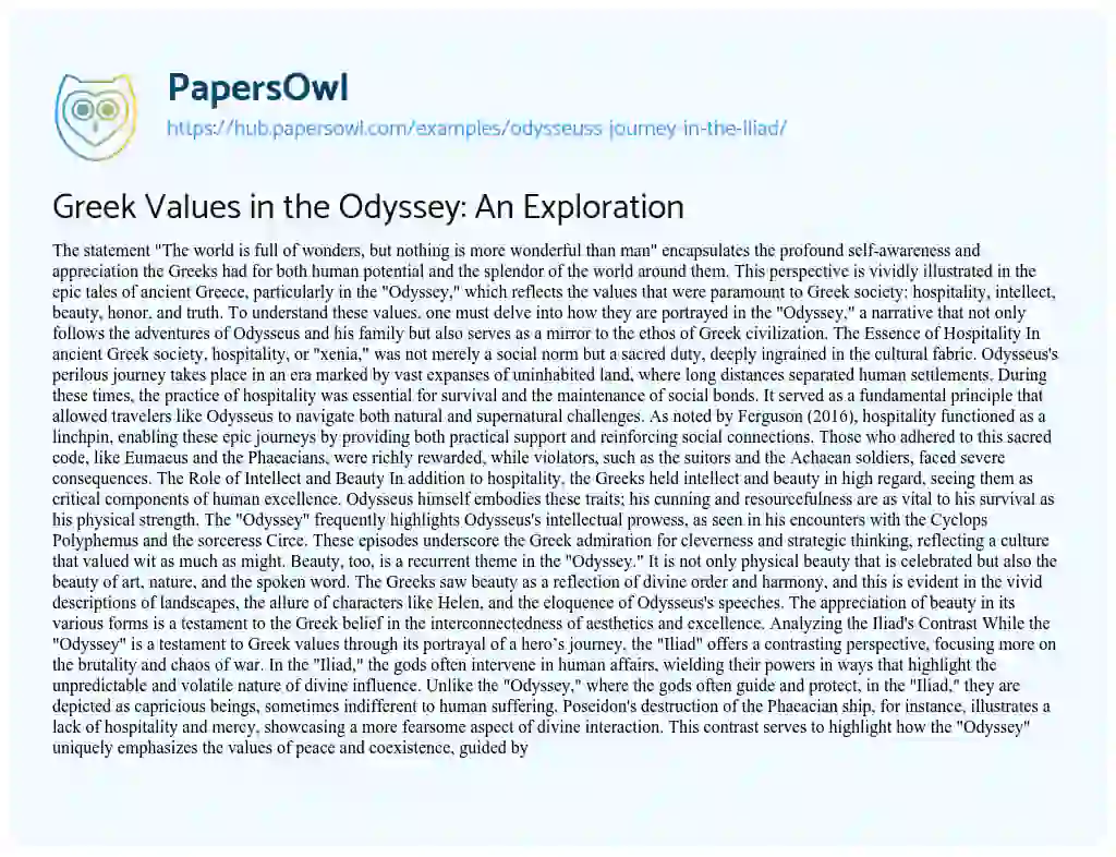 Essay on Greek Values in the Odyssey: An Exploration
