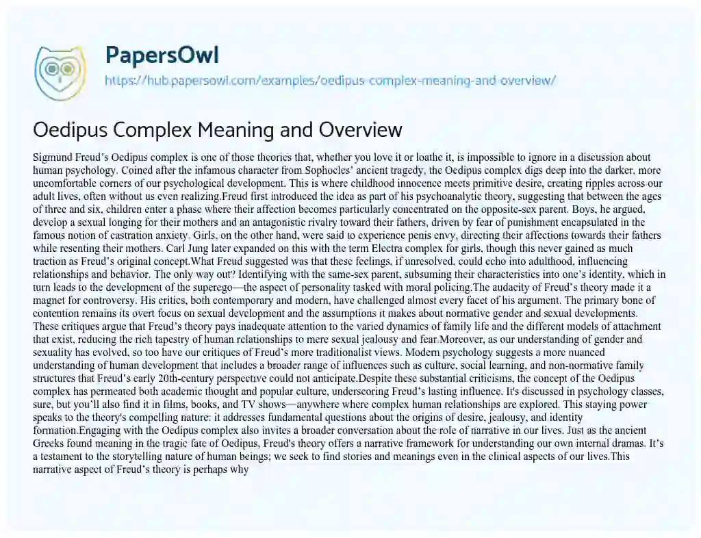 Essay on Oedipus Complex Meaning and Overview