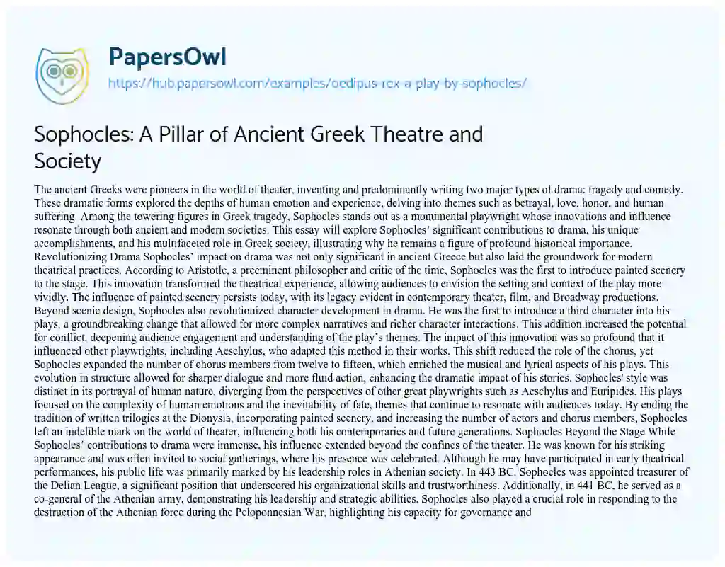 Essay on Sophocles: A Pillar of Ancient Greek Theatre and Society
