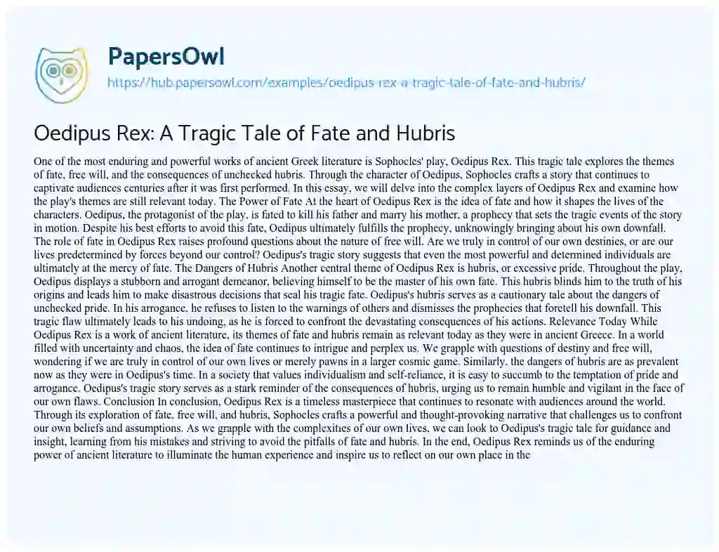 Essay on Oedipus Rex: A Tragic Tale of Fate and Hubris