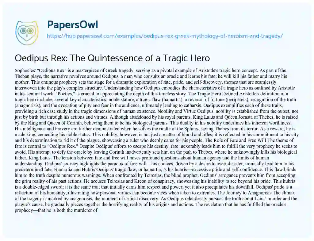 Essay on Oedipus Rex: The Quintessence of a Tragic Hero