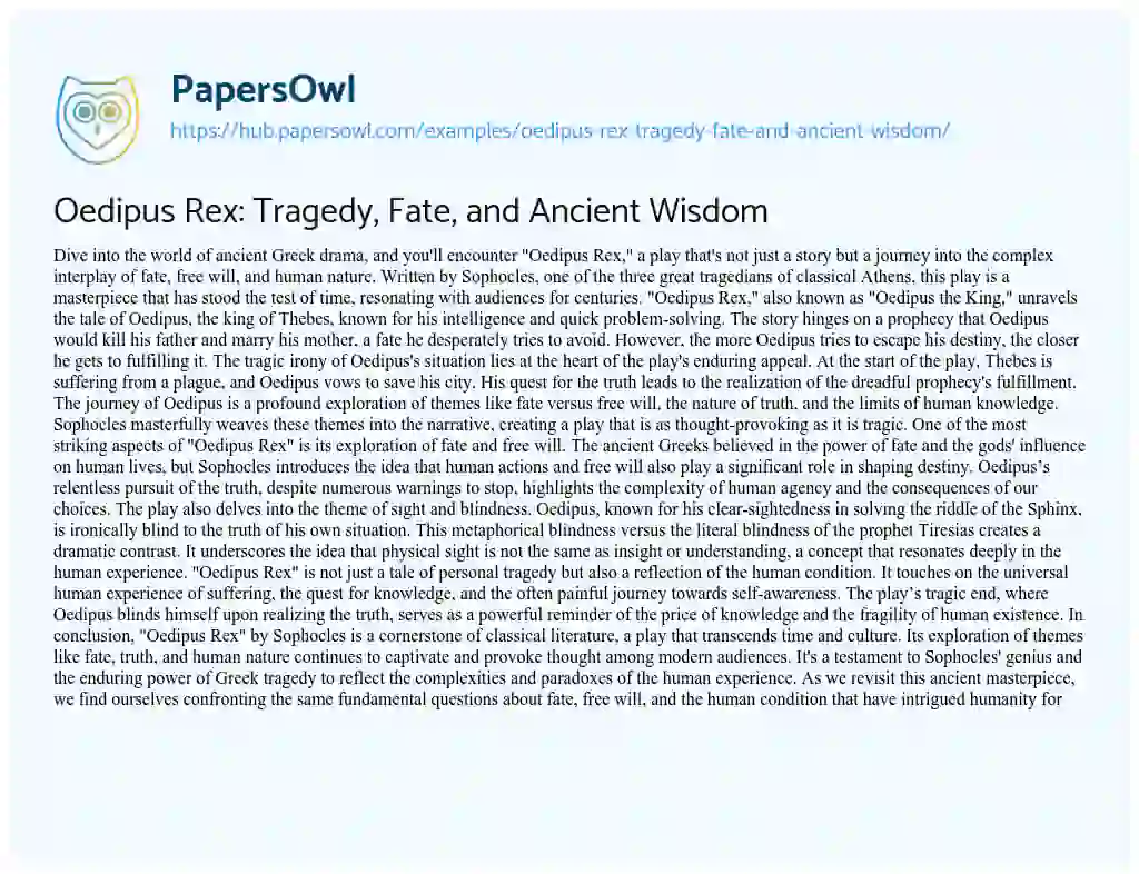 Essay on Oedipus Rex: Tragedy, Fate, and Ancient Wisdom