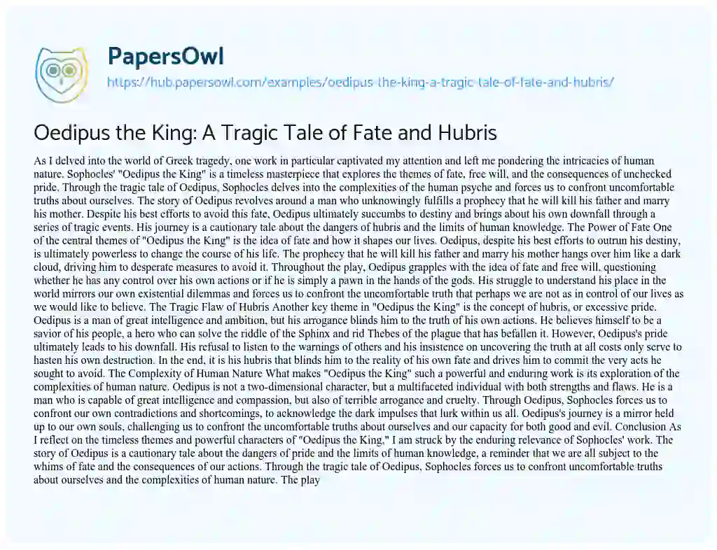 Essay on Oedipus the King: A Tragic Tale of Fate and Hubris