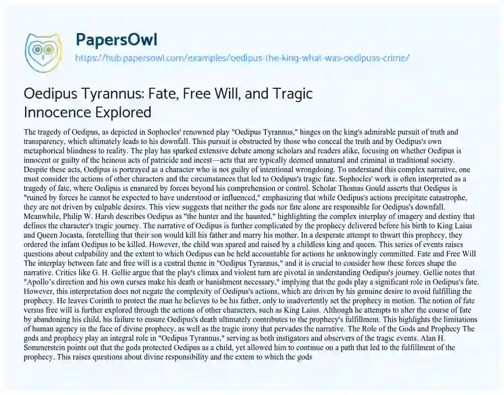 Essay on Oedipus Tyrannus: Fate, Free Will, and Tragic Innocence Explored
