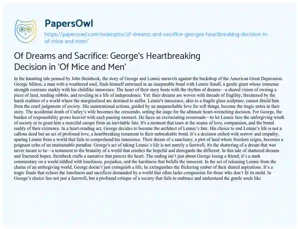 Essay on Of Dreams and Sacrifice: George’s Heartbreaking Decision in ‘Of Mice and Men’