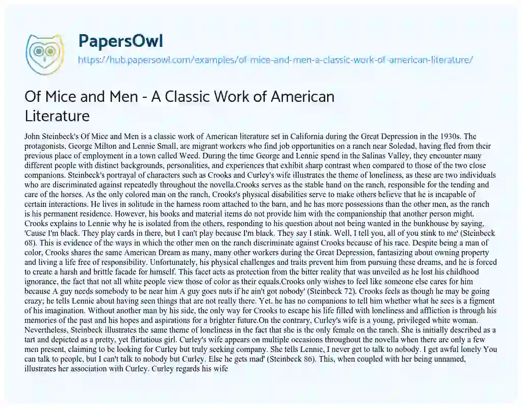 Essay on Of Mice and Men – A Classic Work of American Literature