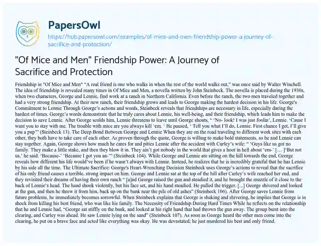 Essay on “Of Mice and Men” Friendship Power: A Journey of Sacrifice and Protection