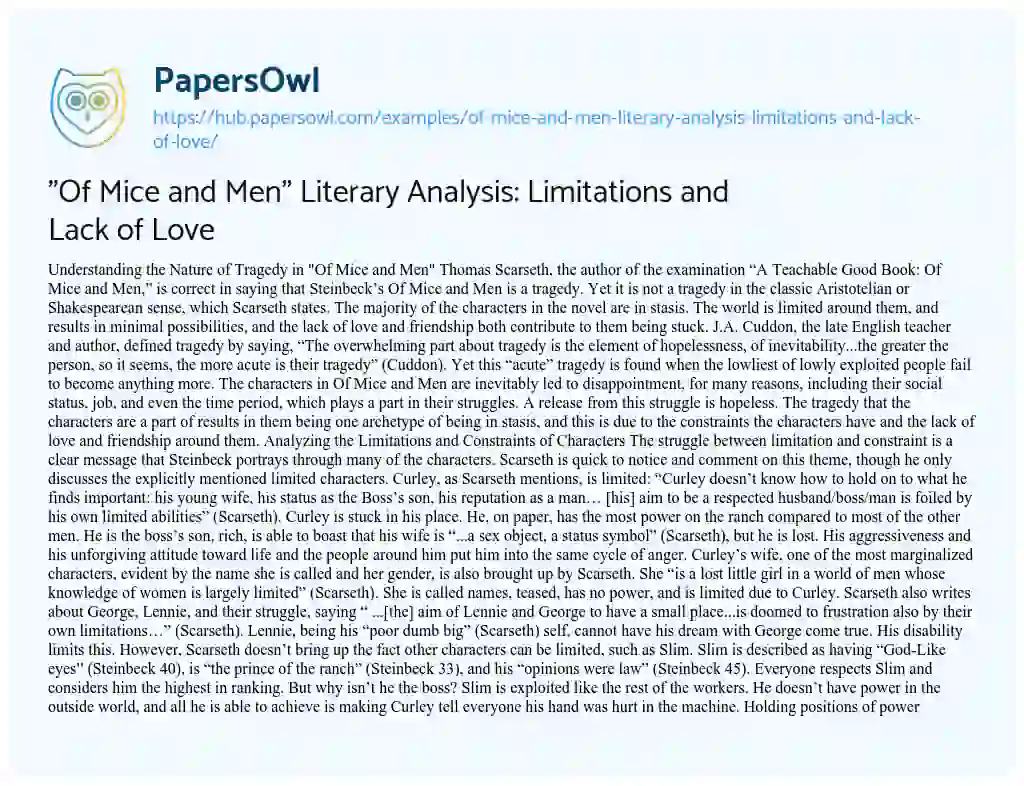 Essay on “Of Mice and Men” Literary Analysis: Limitations and Lack of Love