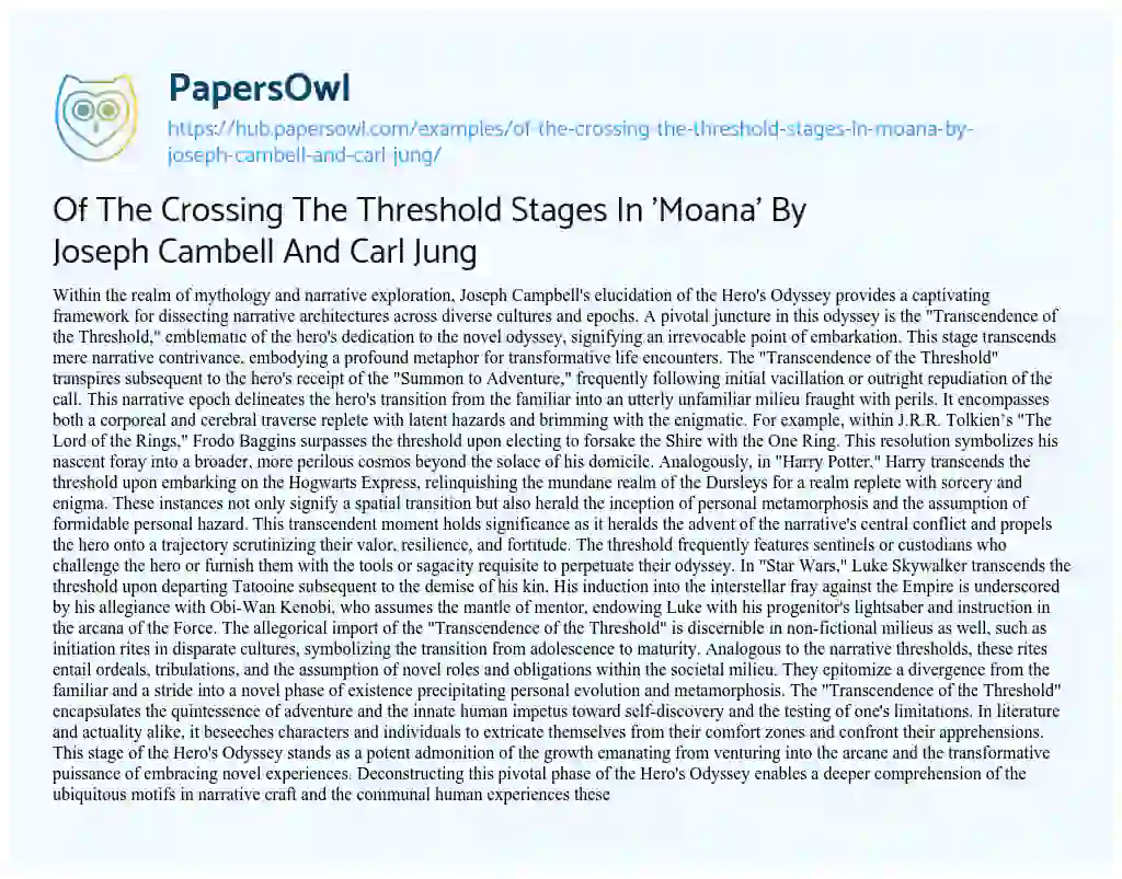 Essay on Of The Crossing The Threshold Stages In ‘Moana’ By Joseph Cambell And Carl Jung