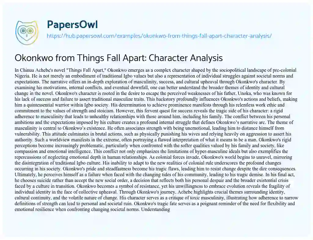Essay on Okonkwo from Things Fall Apart: Character Analysis