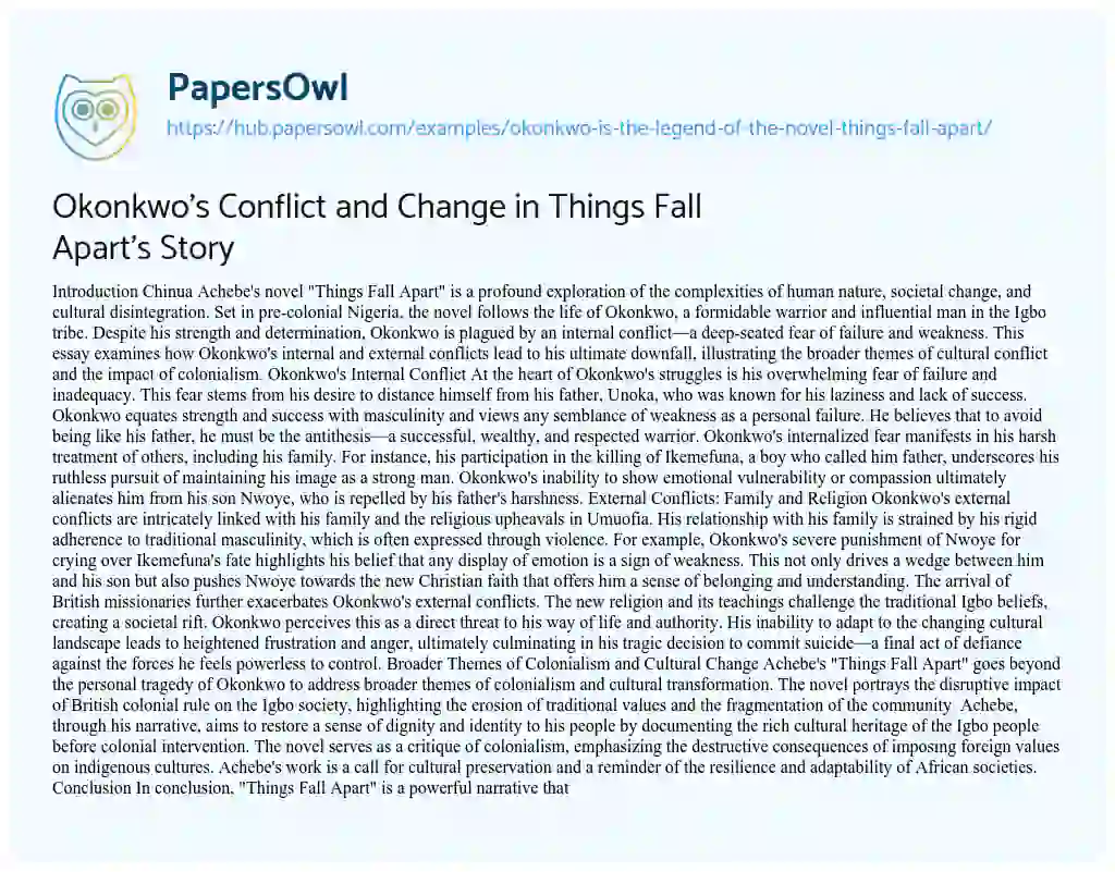 Essay on Okonkwo’s Conflict and Change in Things Fall Apart’s Story