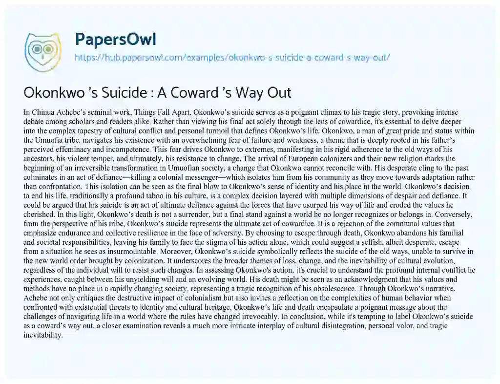 Essay on Okonkwo ‘s Suicide : A Coward ‘s Way Out