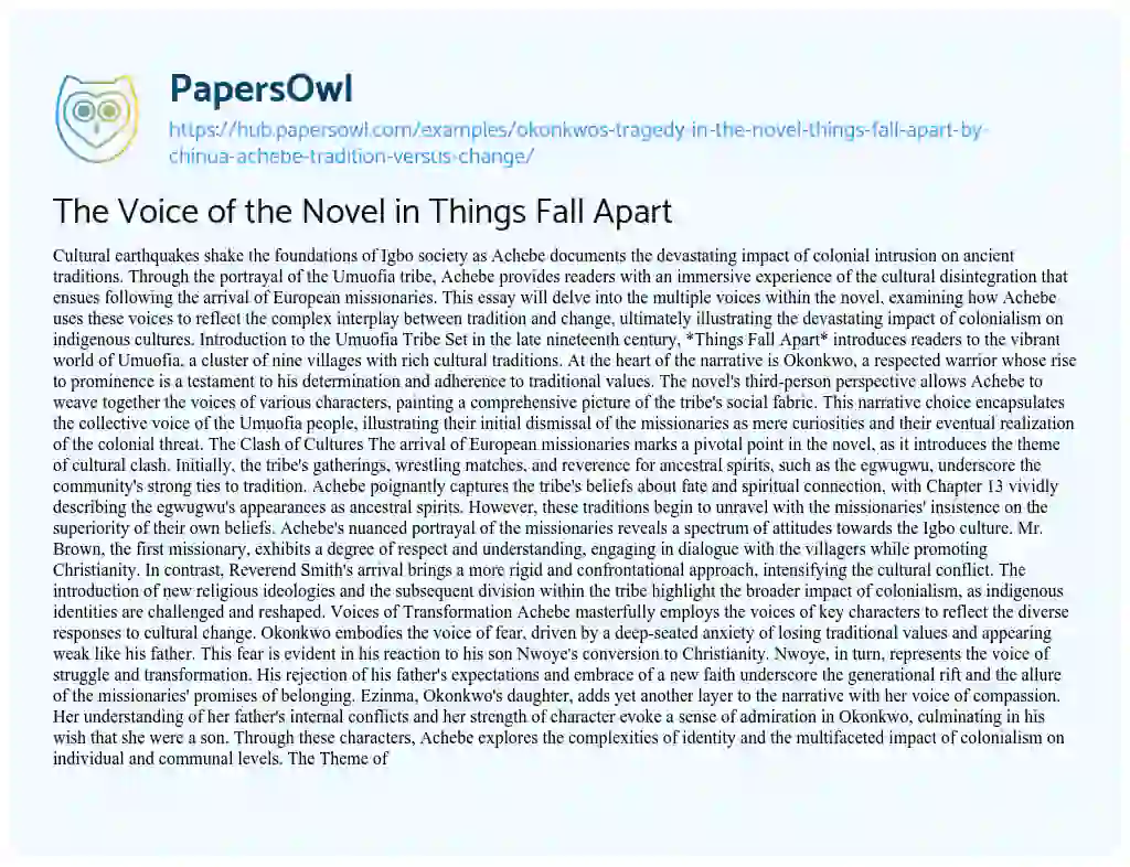 Essay on The Voice of the Novel in Things Fall Apart