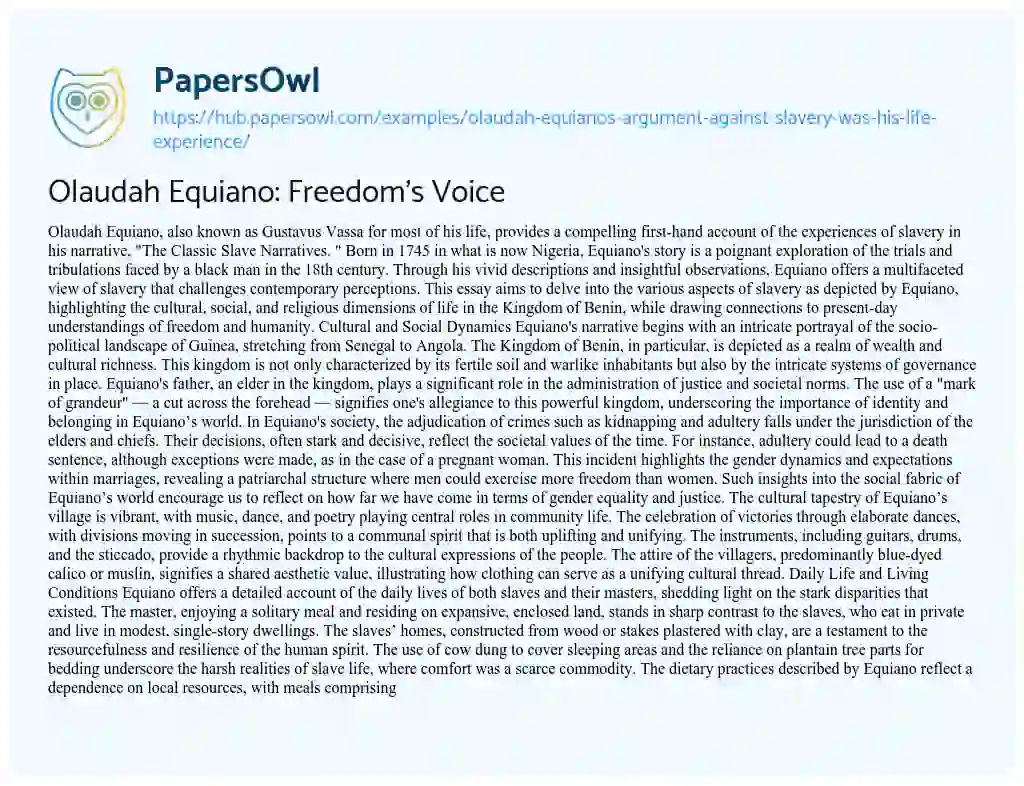 Essay on Olaudah Equiano: Freedom’s Voice