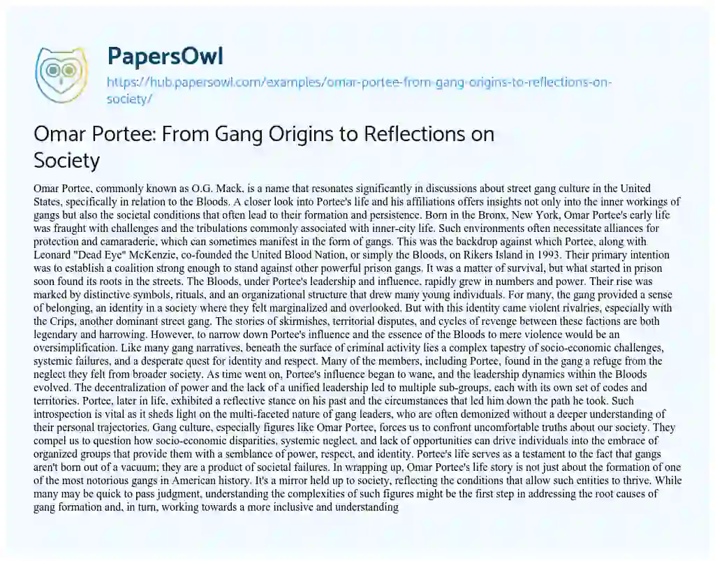 Essay on Omar Portee: From Gang Origins to Reflections on Society