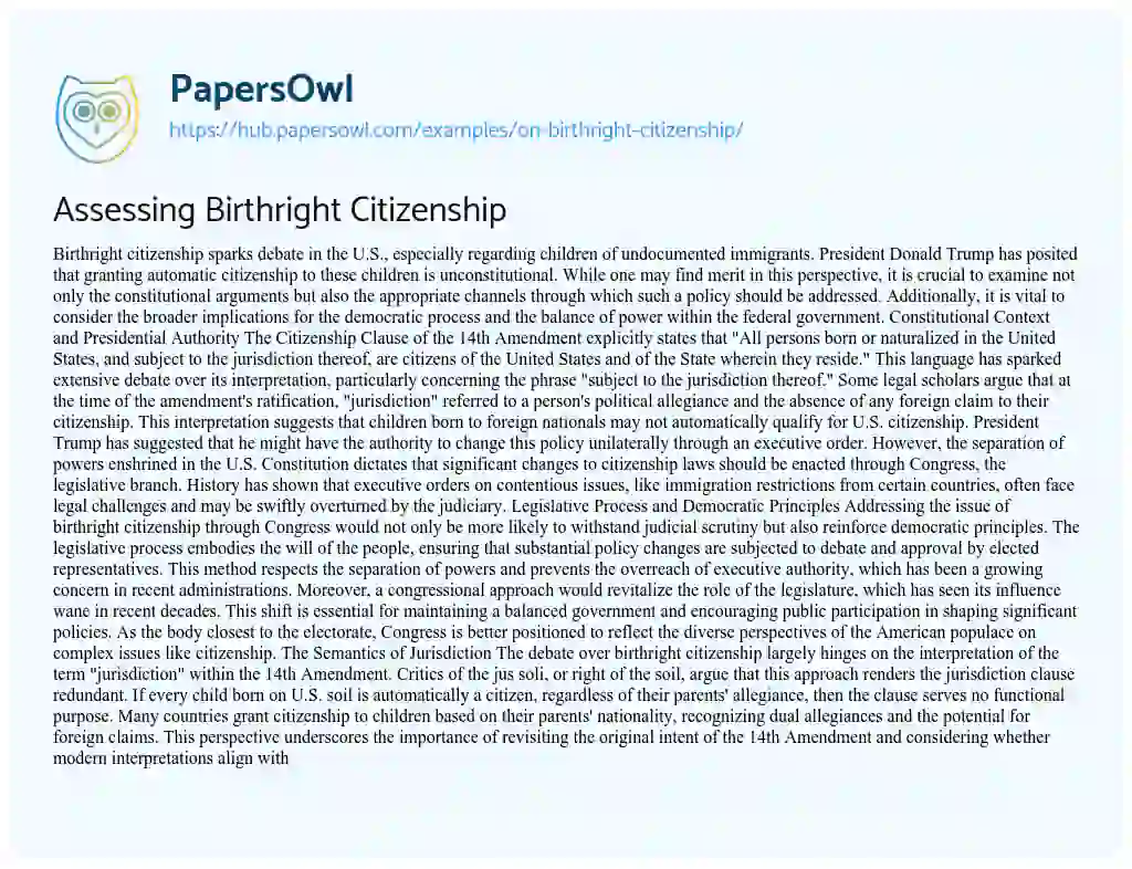 Essay on Assessing Birthright Citizenship