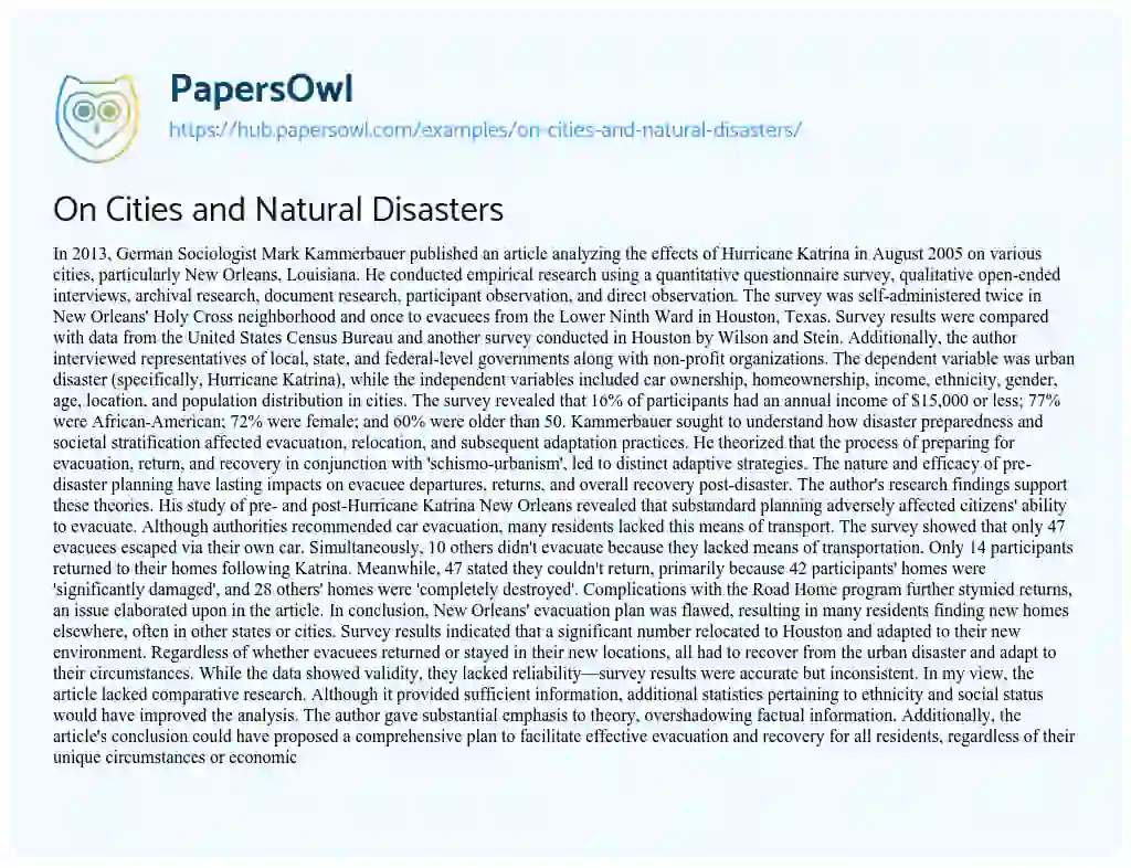 Essay on On Cities and Natural Disasters