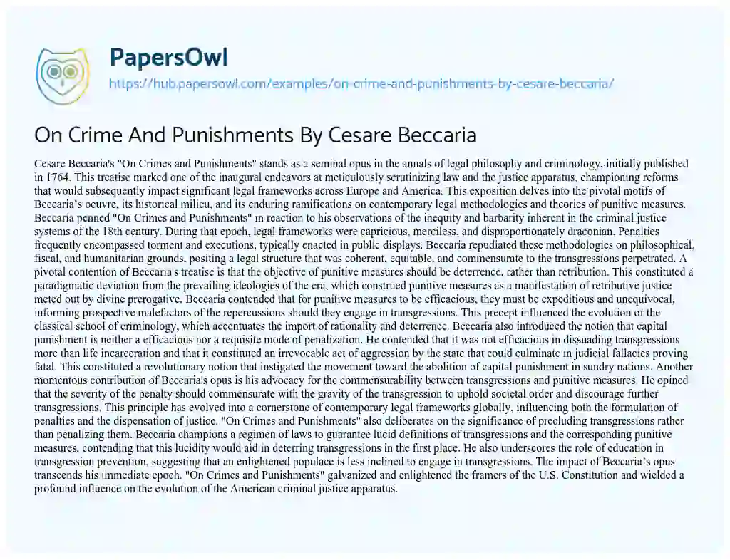Essay on On Crime And Punishments By Cesare Beccaria