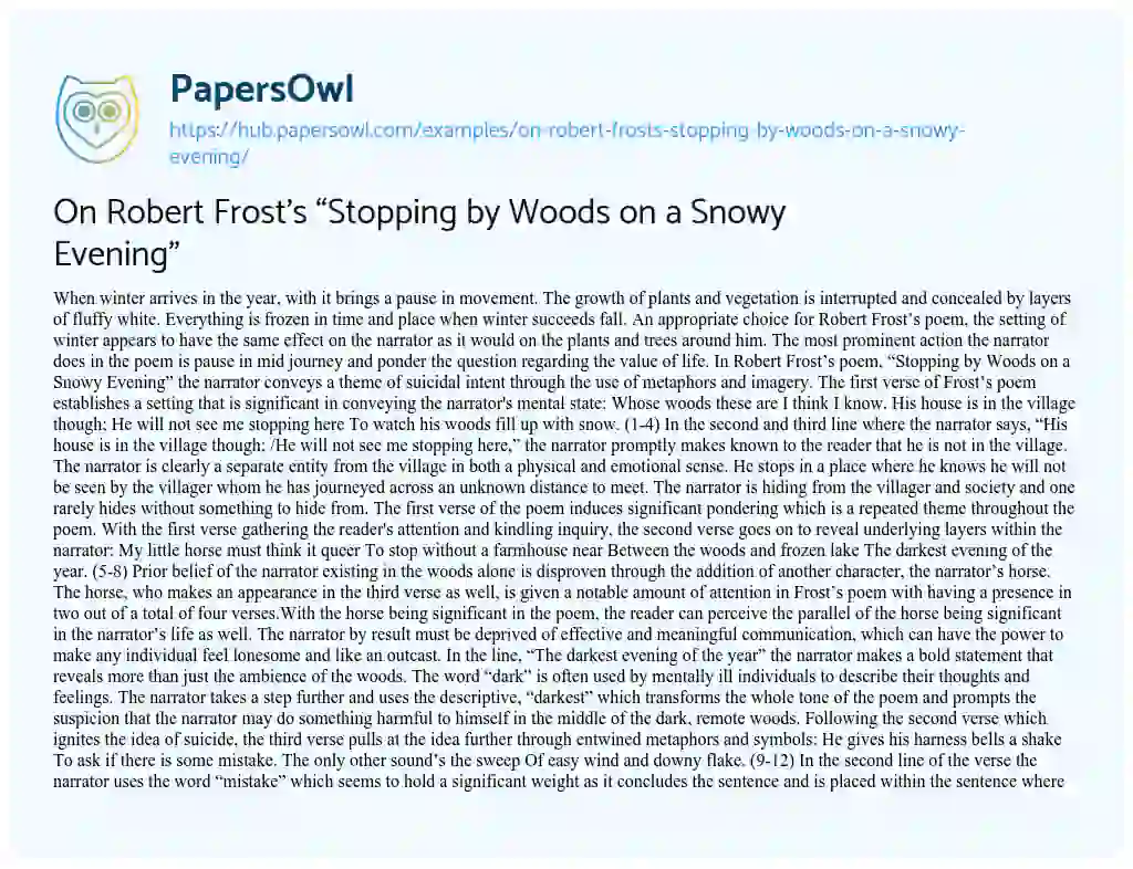Essay on On Robert Frost’s “Stopping by Woods on a Snowy Evening” 