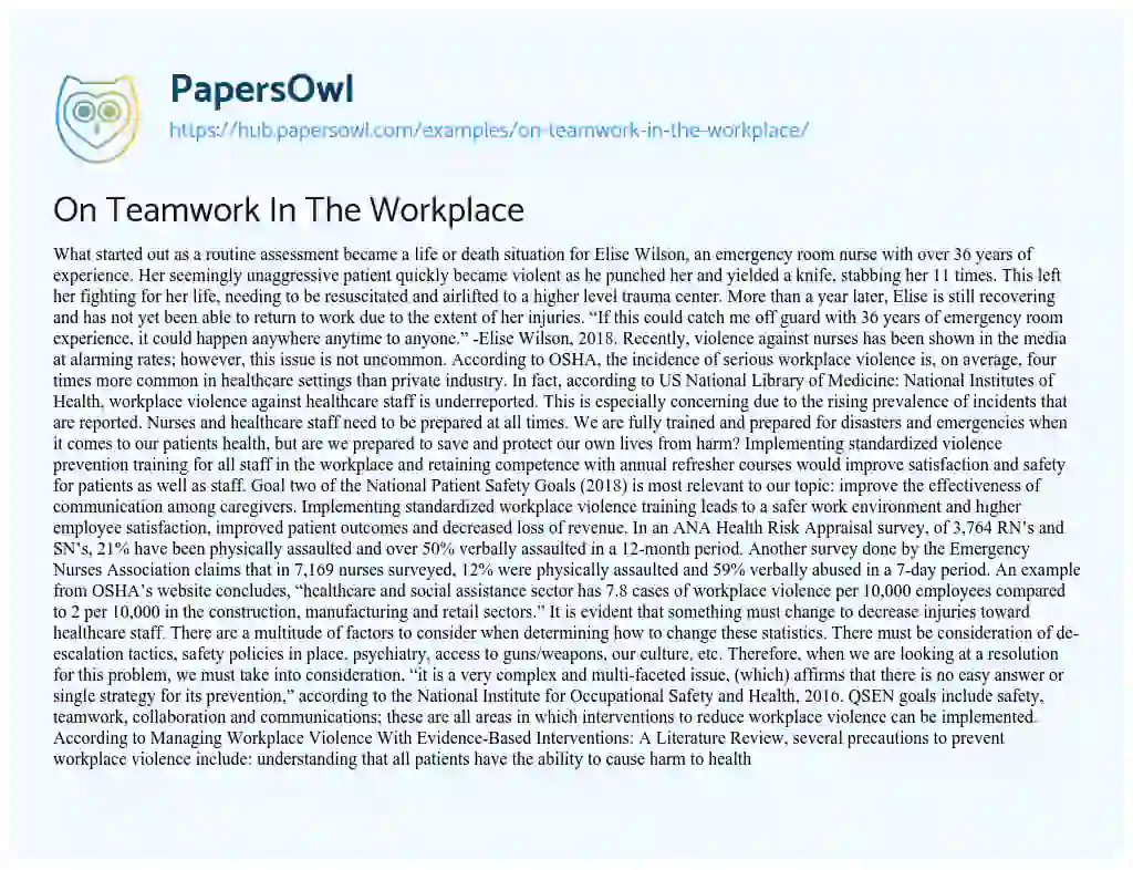 Essay on On Teamwork In The Workplace