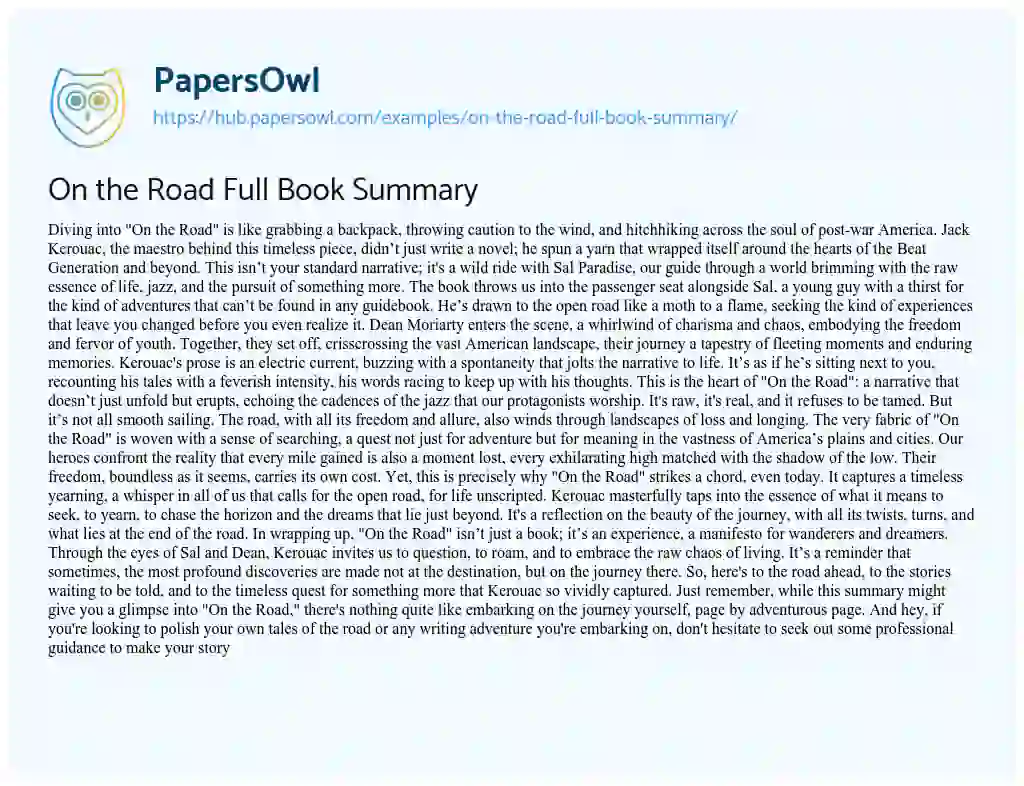 Essay on On the Road Full Book Summary