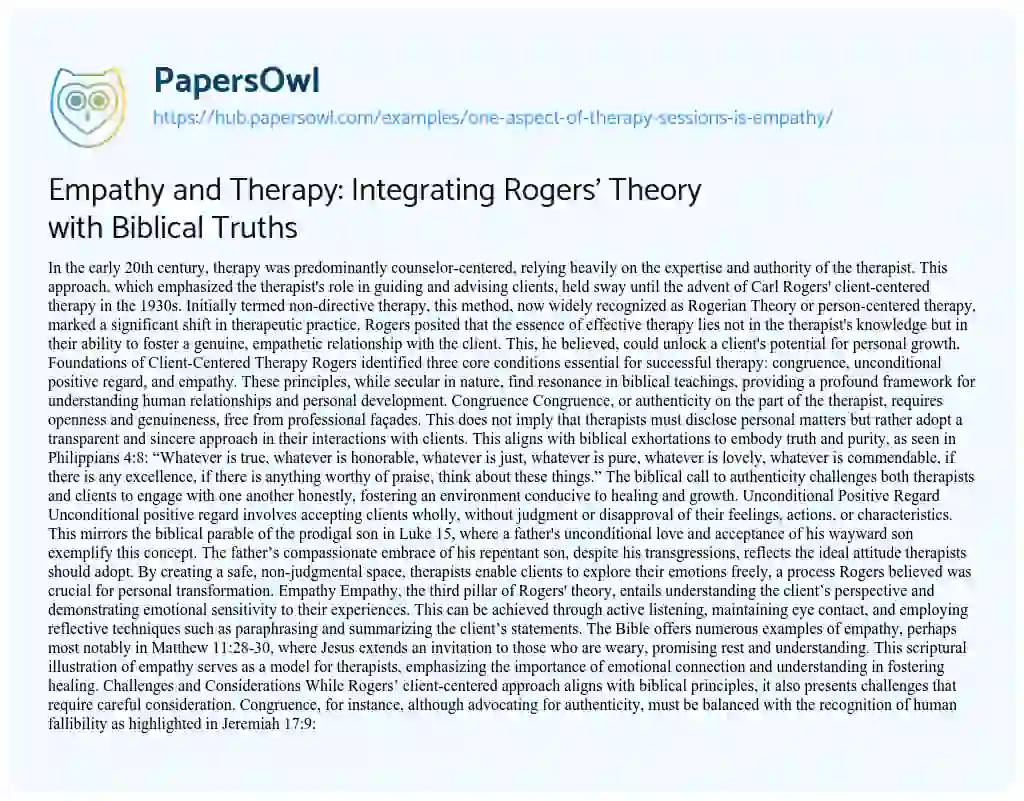 Essay on Empathy and Therapy: Integrating Rogers’ Theory with Biblical Truths