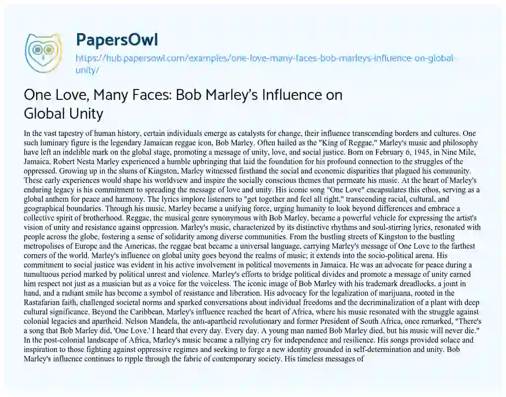 Essay on One Love, Many Faces: Bob Marley’s Influence on Global Unity
