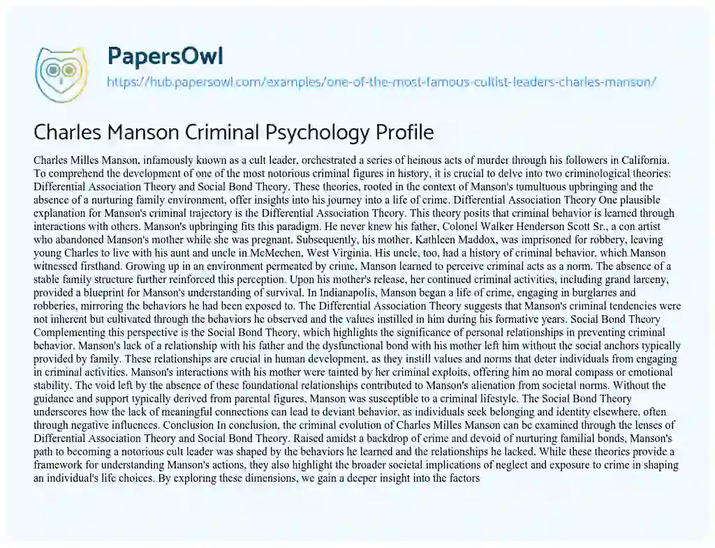 Essay on Charles Manson Criminal Psychology Profile