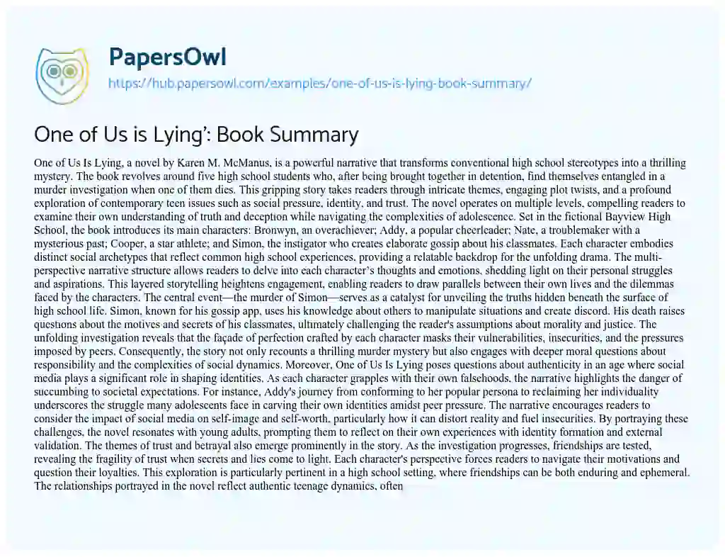 Essay on One of Us is Lying’: Book Summary