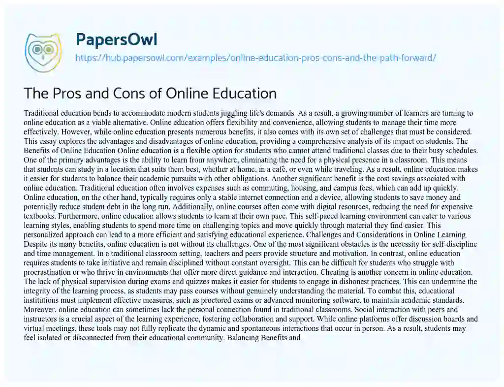 Essay on The Pros and Cons of Online Education