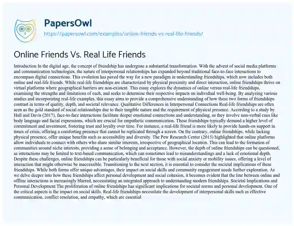 Essay on Online Friends Vs. Real Life Friends