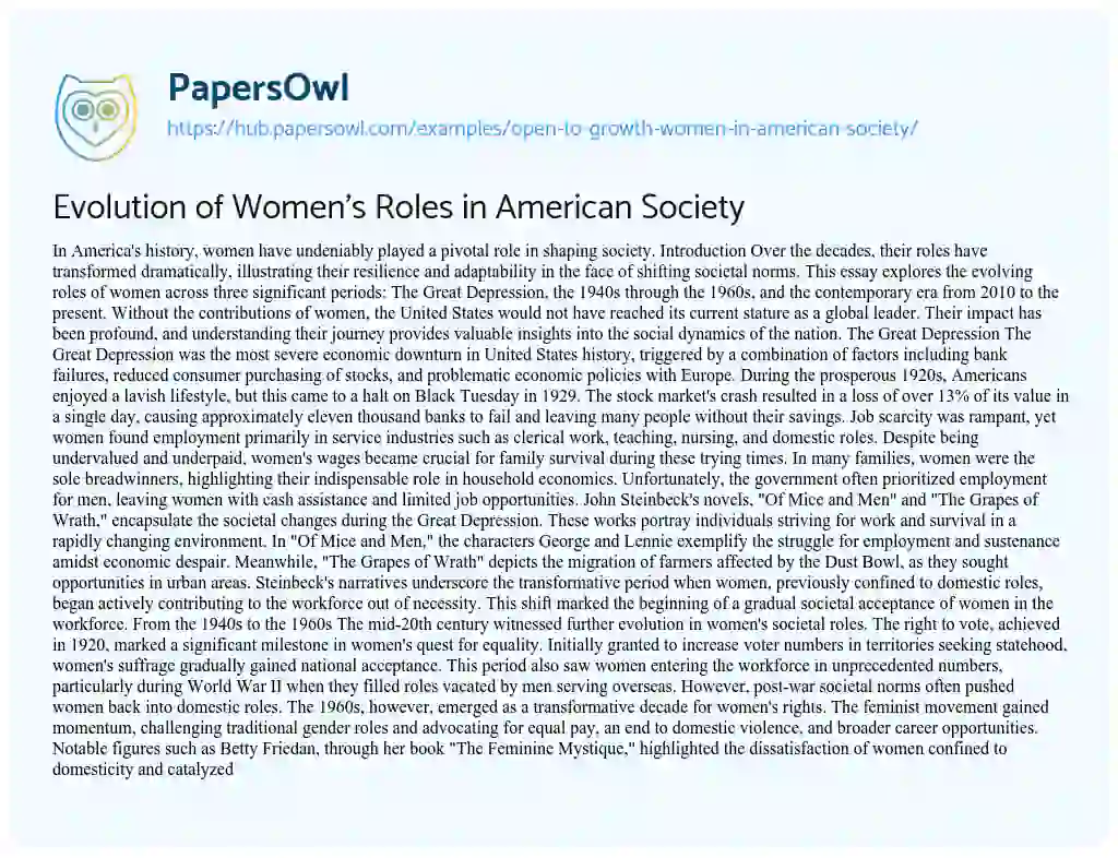 Essay on Evolution of Women’s Roles in American Society