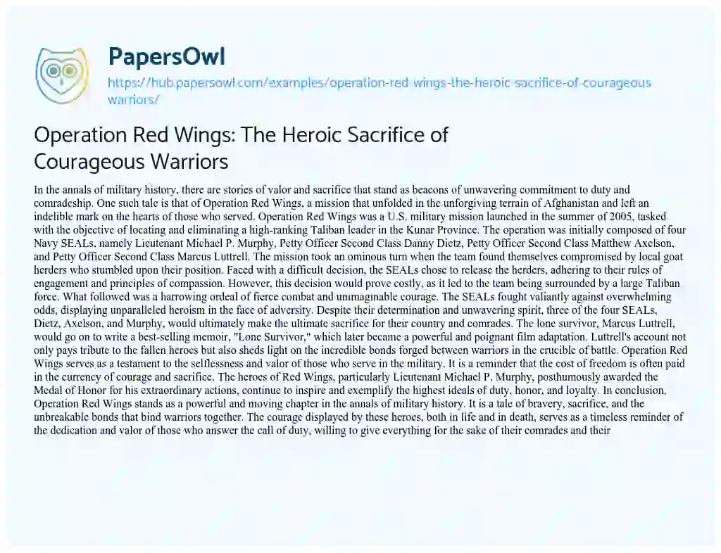 Essay on Operation Red Wings: The Heroic Sacrifice of Courageous Warriors