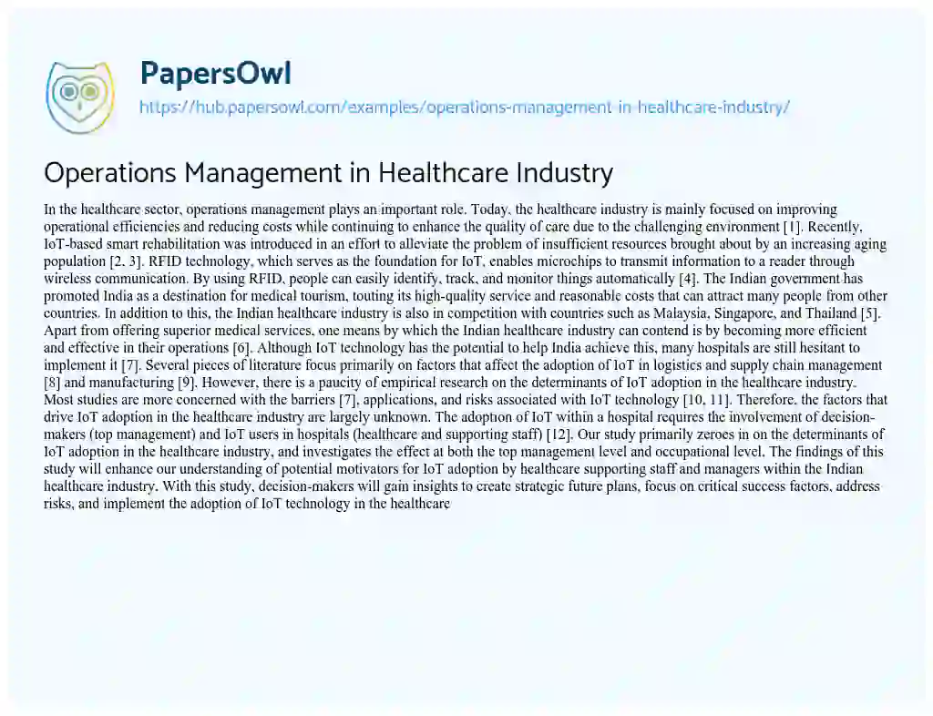 Essay on Operations Management in Healthcare Industry