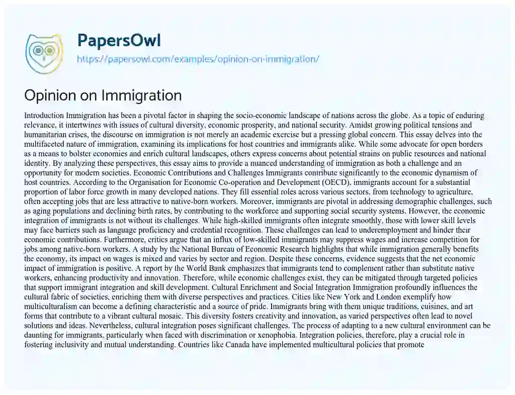 Essay on Opinion on Immigration