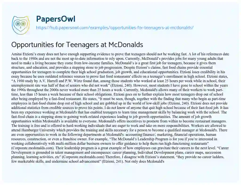 Essay on Opportunities for Teenagers at McDonalds