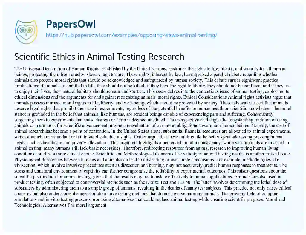 Essay on Scientific Ethics in Animal Testing Research