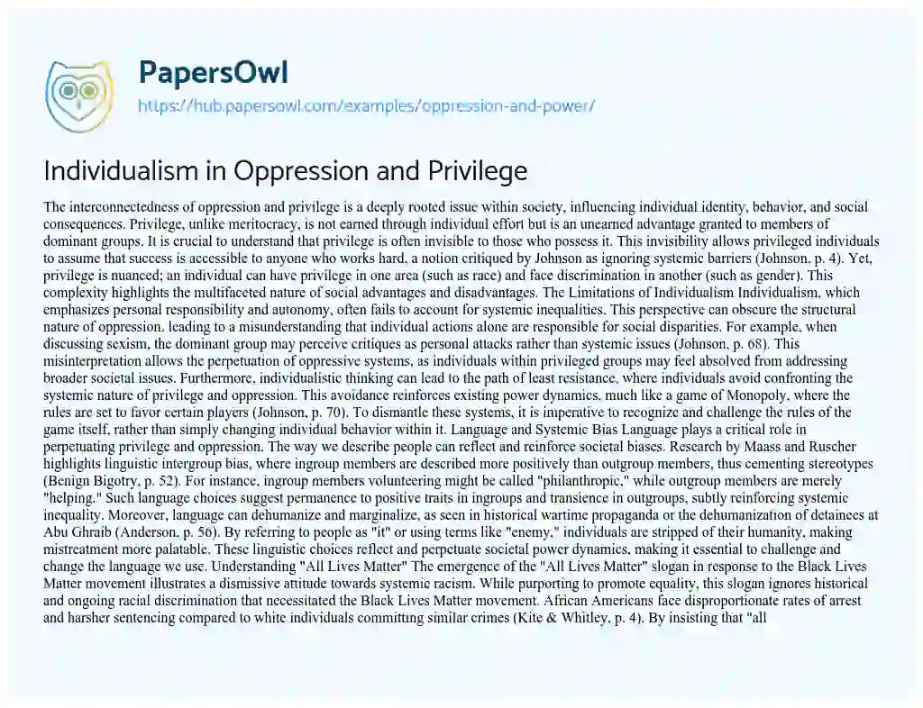 Essay on Individualism in Oppression and Privilege
